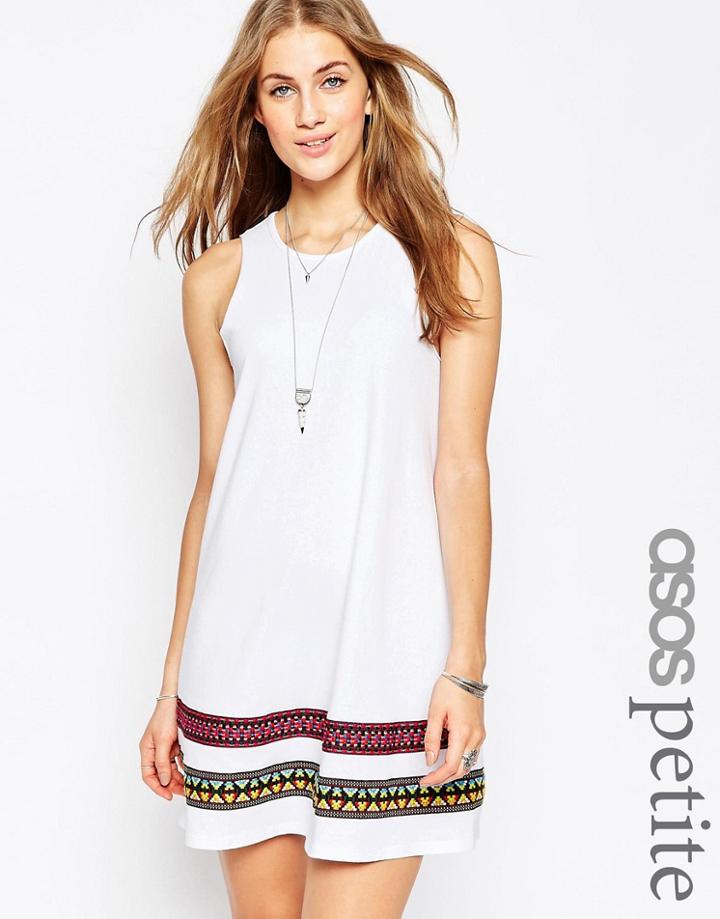 Asos Petite Embroidered Tape Detail Swing Dress - White