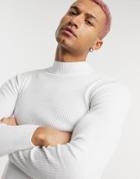 Asos Design Muscle Fit Ribbed Turtle Neck Sweater In White