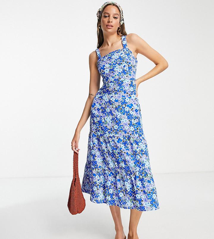 Influence Tall Tie Back Midi Dress In Blue Floral