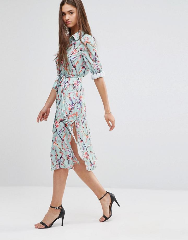 Darling Floral 3/4 Sleeve Shirt Dress - Blue