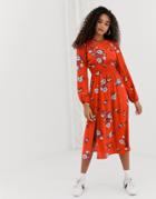 Nobody's Child Midi Dress With Shirred Waist And Side Split In Floral - Red