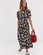 Asos Design Midi Tea Dress In Bright Grunge Floral Print - Multi