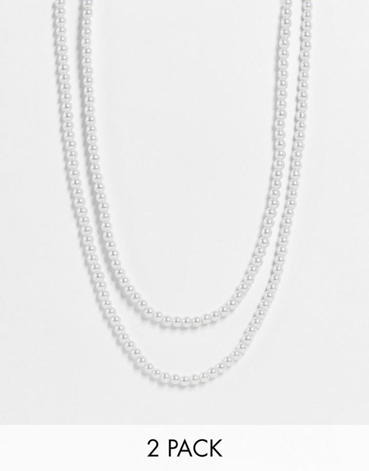 Asos Design 2-pack 6mm Festival Beaded Necklace In White Faux Pearls