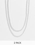 Asos Design 2-pack 6mm Festival Beaded Necklace In White Faux Pearls