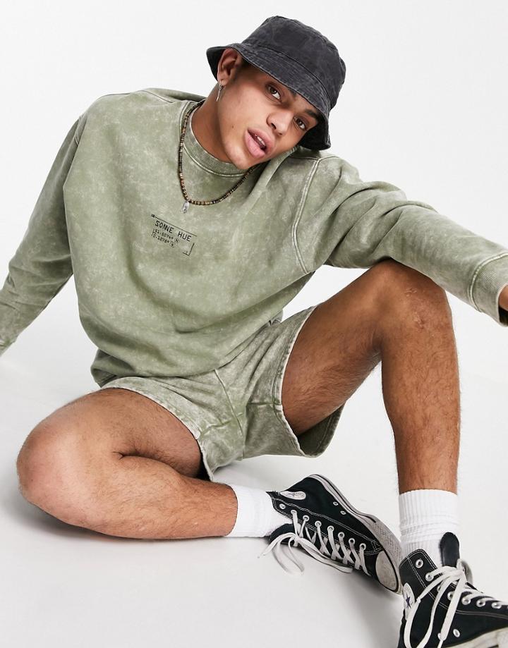 Asos Design Oversized Sweatshirt In Green Acid Wash With Logo Chest Print - Part Of A Set