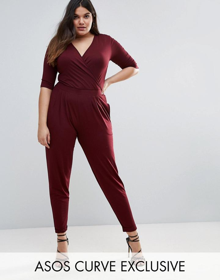 Asos Curve Wrap Jumpsuit With 3/4 Sleeve - Red