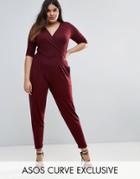 Asos Curve Wrap Jumpsuit With 3/4 Sleeve - Red