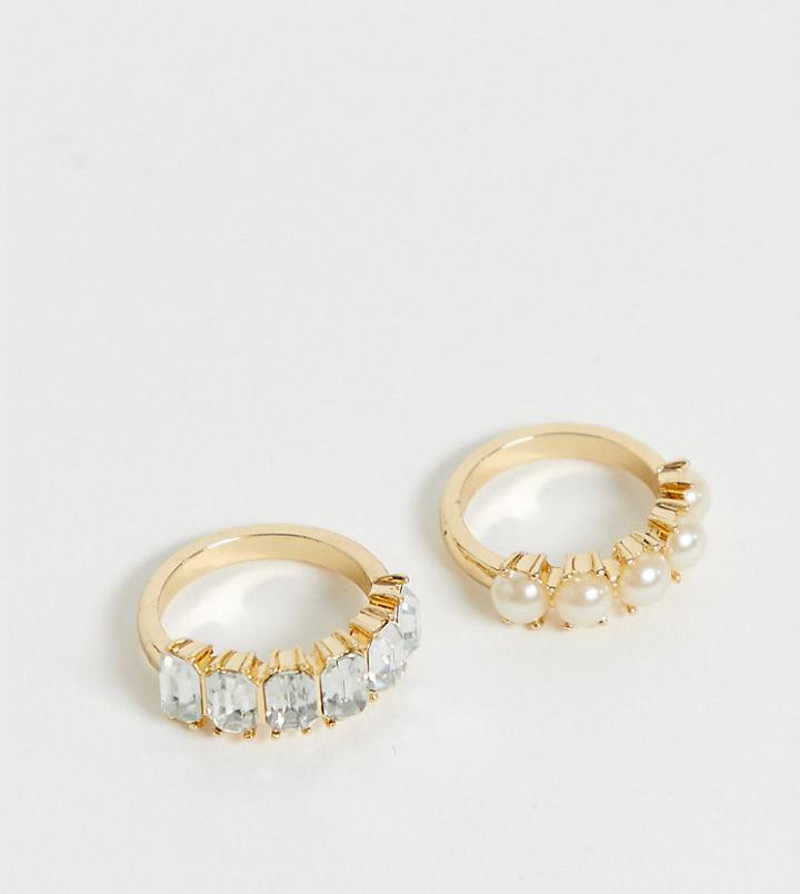 Reclaimed Vintage Inspired Ring Pack With Pearl And Crystal Baguette Detail-silver