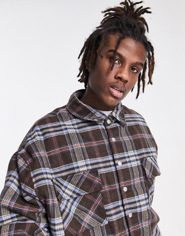 Sixth June Tartan Oversized Relaxed Jacket In Brown