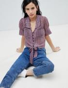 Nobody's Child Balloon Sleeved Shirt In Check With Tie Front-red