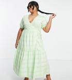 Asos Design Curve Tiered Midi Wrap Dress With Puff Sleeve In Green Check-multi