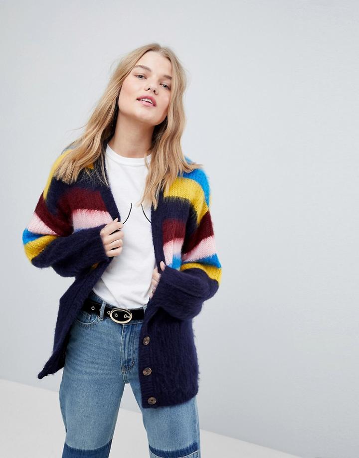 Asos Knitted Cardigan In Fluffy Stripe - Multi