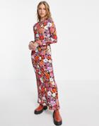 Asos Design Maxi Slinky T-shirt Dress In Bright Retro Floral Print-multi