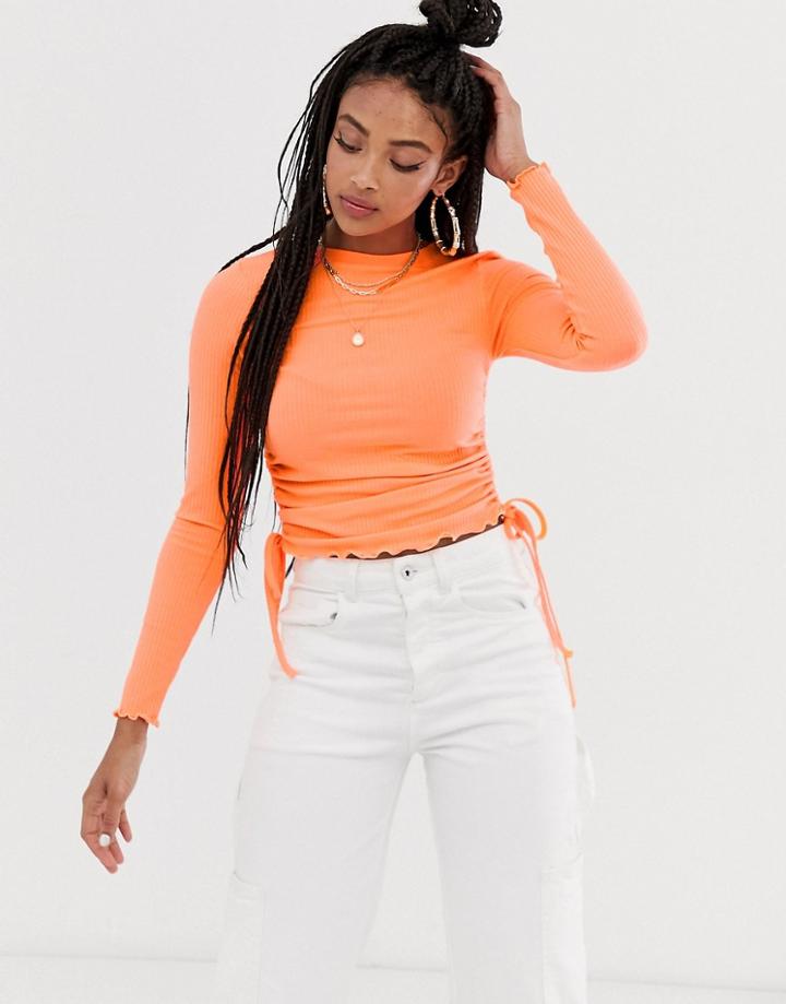 Asos Design Crew Neck Fitted Top With Ruched Sides - Orange