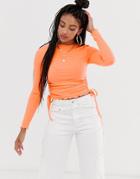 Asos Design Crew Neck Fitted Top With Ruched Sides - Orange