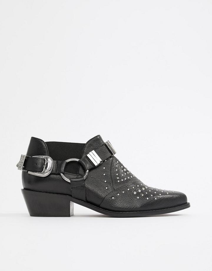 Asos Design Memphis Premium Leather Western Studded Flat Shoes - Black