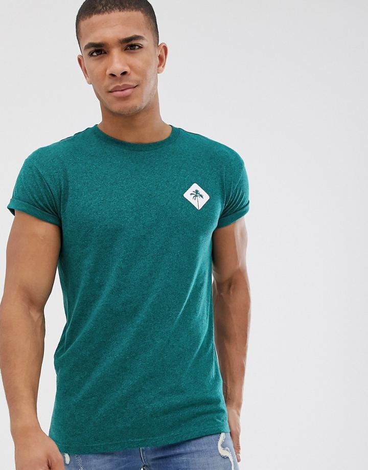 Bershka Slim Fit T-shirt With Palm Tree Chest Print In Green Marl - Green
