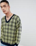 Asos Knitted V Neck Check Sweater In Yellow - Yellow
