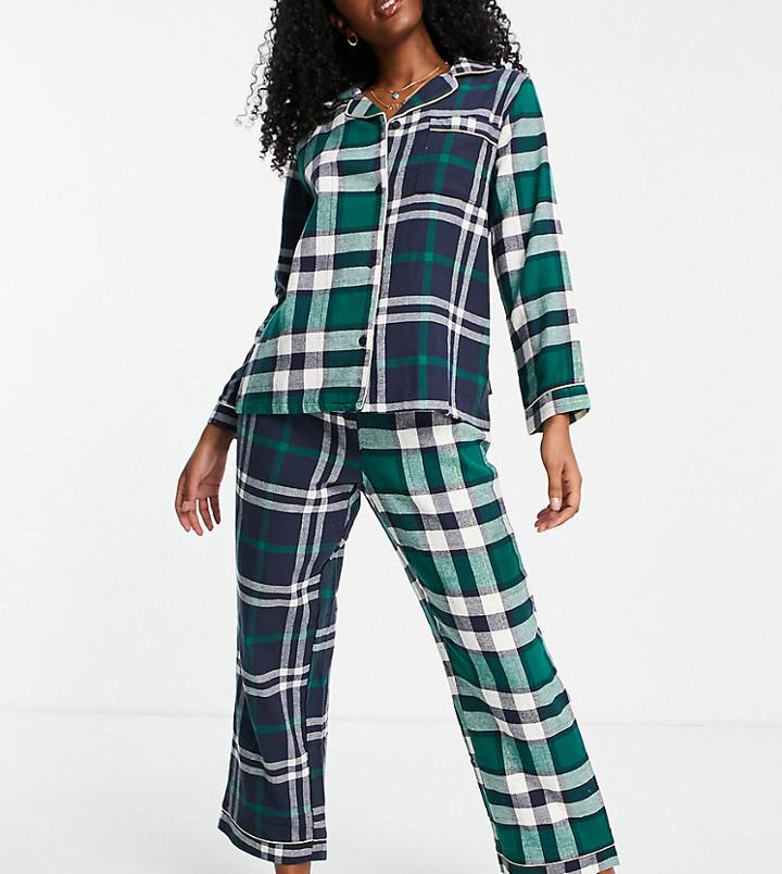 Chelsea Peers Petite Cotton Revere Top And Trouser Pyjama Set In Contrast Check Print - Navy