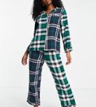 Chelsea Peers Petite Cotton Revere Top And Trouser Pyjama Set In Contrast Check Print - Navy
