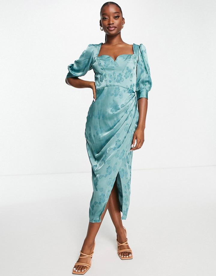 Little Mistress Midi Dress With Sweetheart Neckline In Floral Jacquard-blue