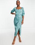 Little Mistress Midi Dress With Sweetheart Neckline In Floral Jacquard-blue