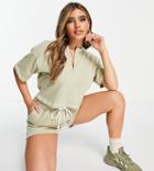 Missguided Set Contrast Stitch Half Zip Crop T-shirt In Green