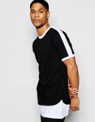 Asos Super Longline T-shirt With Contrast Hem And Taping In Monochrome