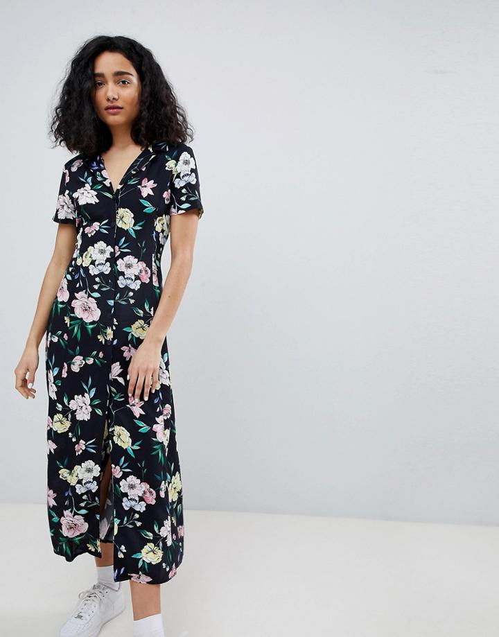 Bershka Floral Midi Shirt Dress In Black - Black