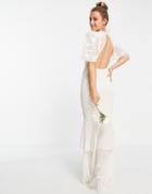 Hope & Ivy Bridal Sheer Plunge Embroidered Backless Dress In Ivory-white