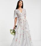 Asos Design Petite Bridesmaid Floral Embroidered Flutter Sleeve Maxi Dress With Embellishment In Soft Blue