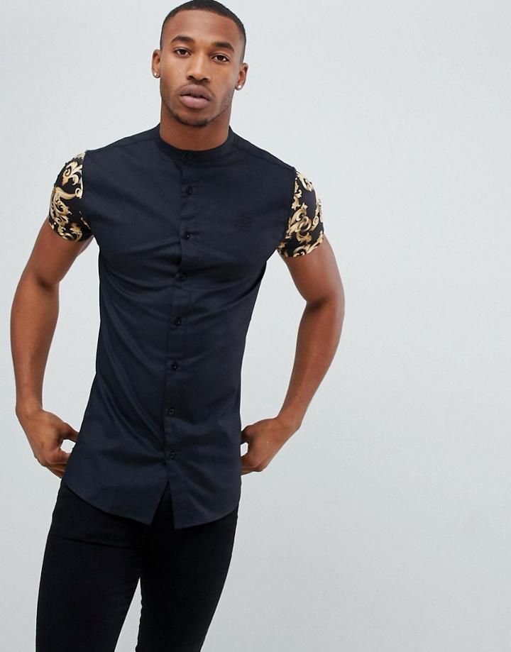 Siksilk Grandad Collar Shirt In Black With Baroque Print Jersey Sleeves - Navy