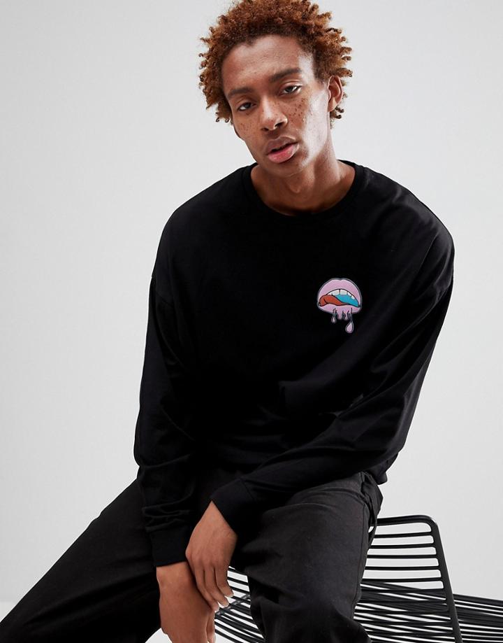 Asos Design Oversized Longline Long Sleeve T-shirt With Mouth Print - Black