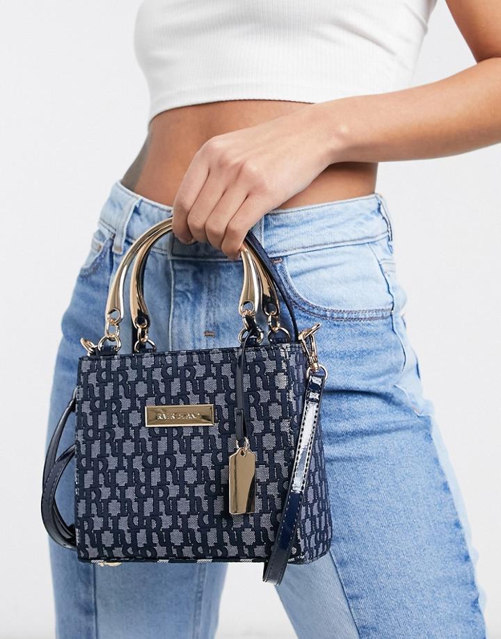 River Island Jacquard Monogram Mini Tote Bag In Navy