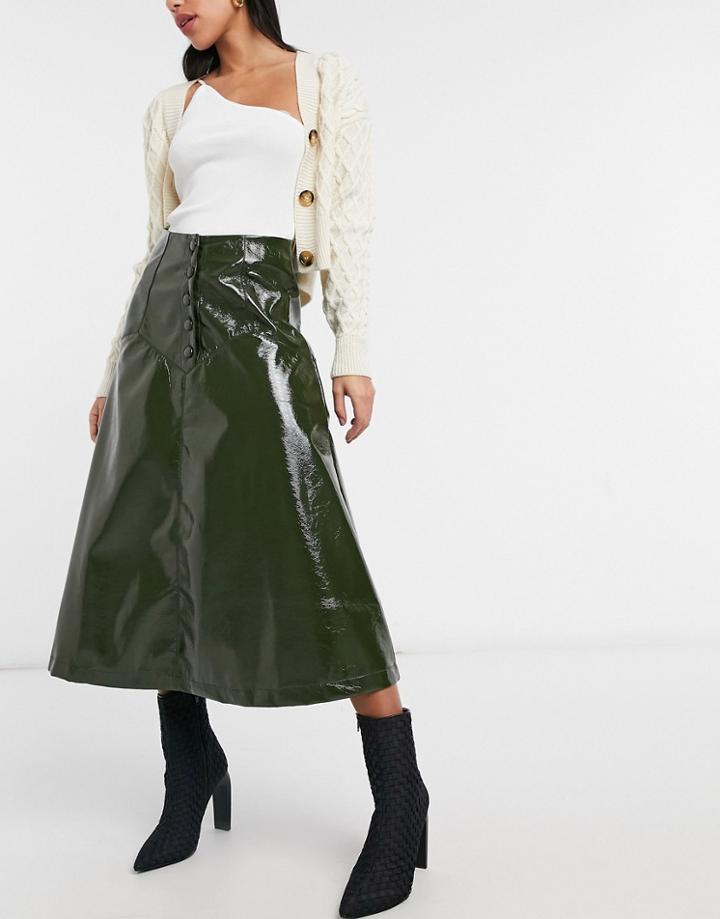 Lost Ink Midi Circle Skirt With Button Front In Olive Faux Leather-green