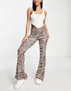 River Island Zebra Plisse Kickflare Pants In Brown