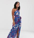 Parisian Petite Floral Halterneck Maxi Dress With Keyhole Detail And Tie Waist - Blue
