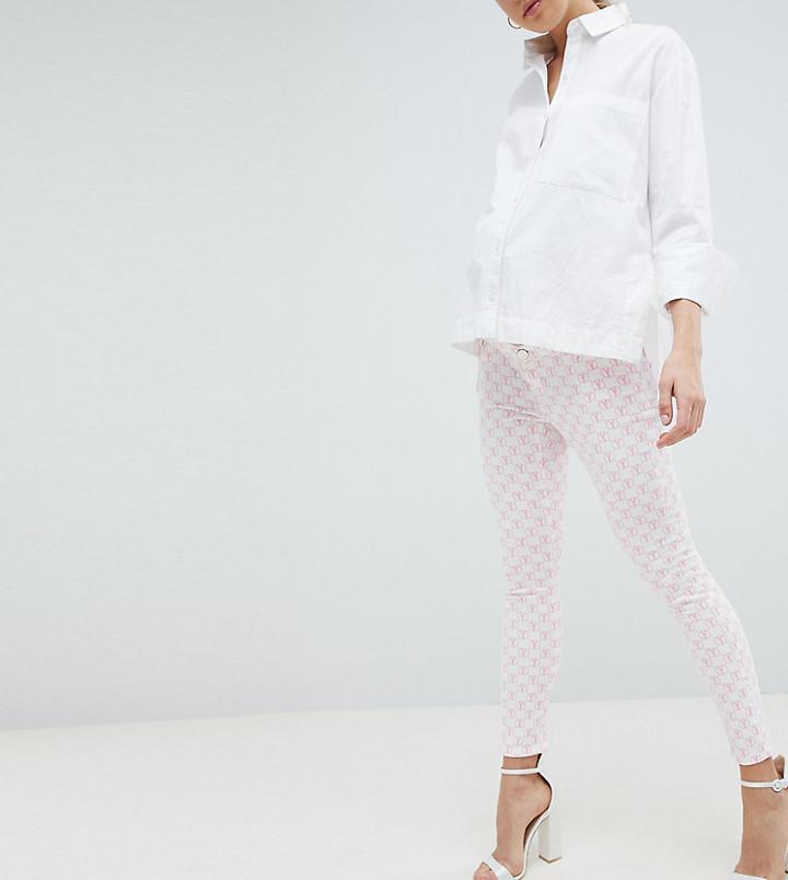 Asos Design Maternity Ridley High Waist Skinny Jeans In Pink Mono Print - Multi
