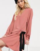 Asos Design Wrap Tie Side Smock Mini Dress With Pephem-orange