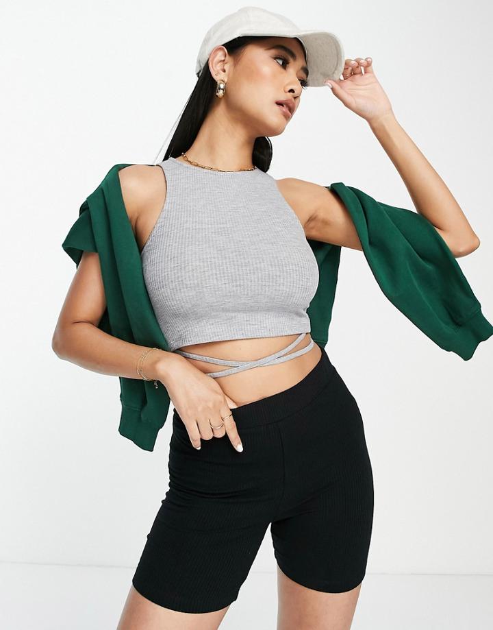 Asos Design Rib Tank With Tie Waist In Gray Heather