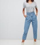 River Island Belted Paperbag Mom Jeans In Light Wash - Blue