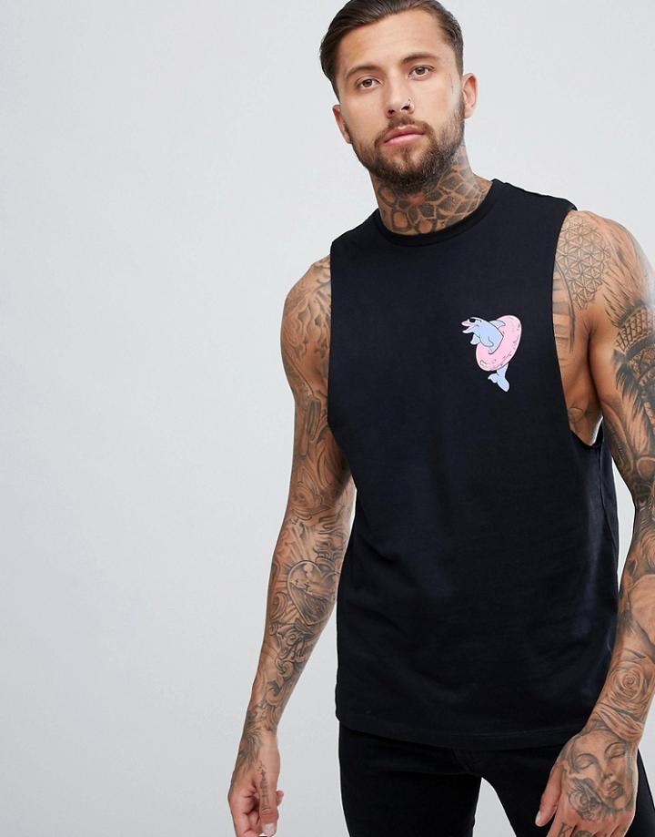 Asos Design Oversized Tank With Dropped Armhole With Dolphin Print - Black