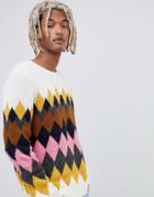 Asos Design Knitted Sweater With Argyle Pattern In Oatmeal-multi