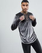 Asos Longline Long Sleeve T-shirt With Deep Lace Up Neck In Velour - Gray