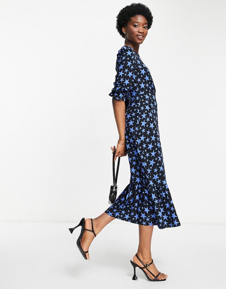 Nobody's Child Puff Sleeve Midi Tea Dress In Blue Star-black