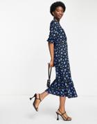 Nobody's Child Puff Sleeve Midi Tea Dress In Blue Star-black