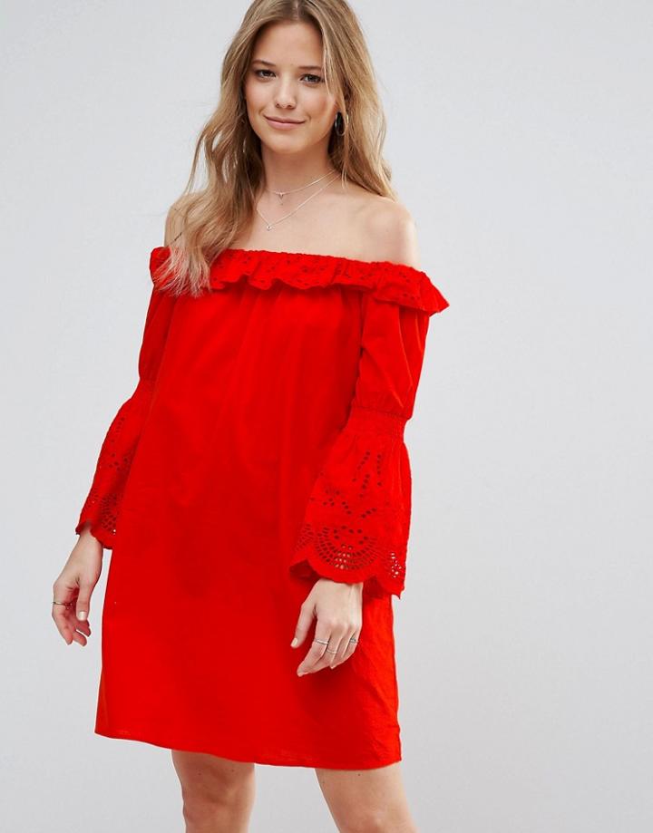 Vero Moda Bardot Dress With Fluted Sleeve - Red