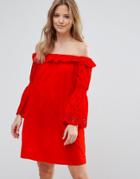 Vero Moda Bardot Dress With Fluted Sleeve - Red