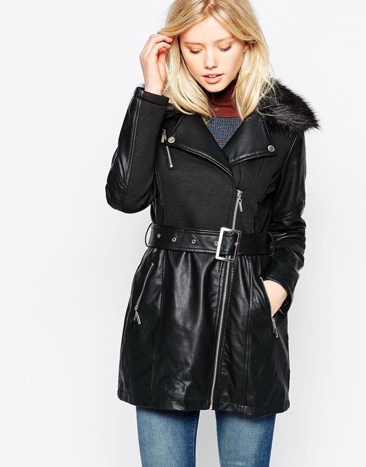 Brave Soul Belted Jacket With Faux Fur Trim - Black