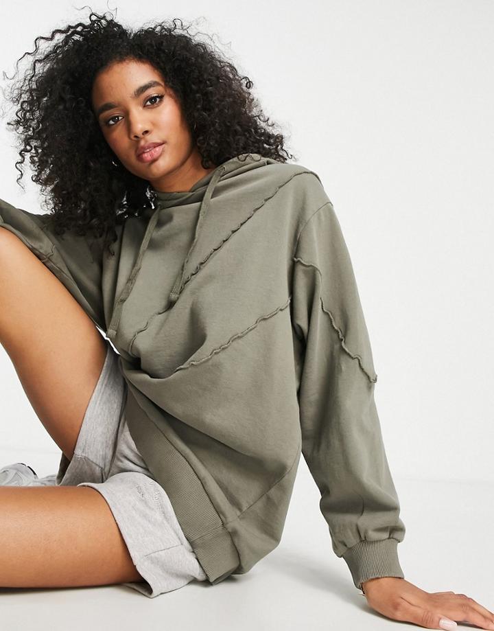 Asos Design Oversized Hoodie With Exposed Seams In Washed Kahki-green